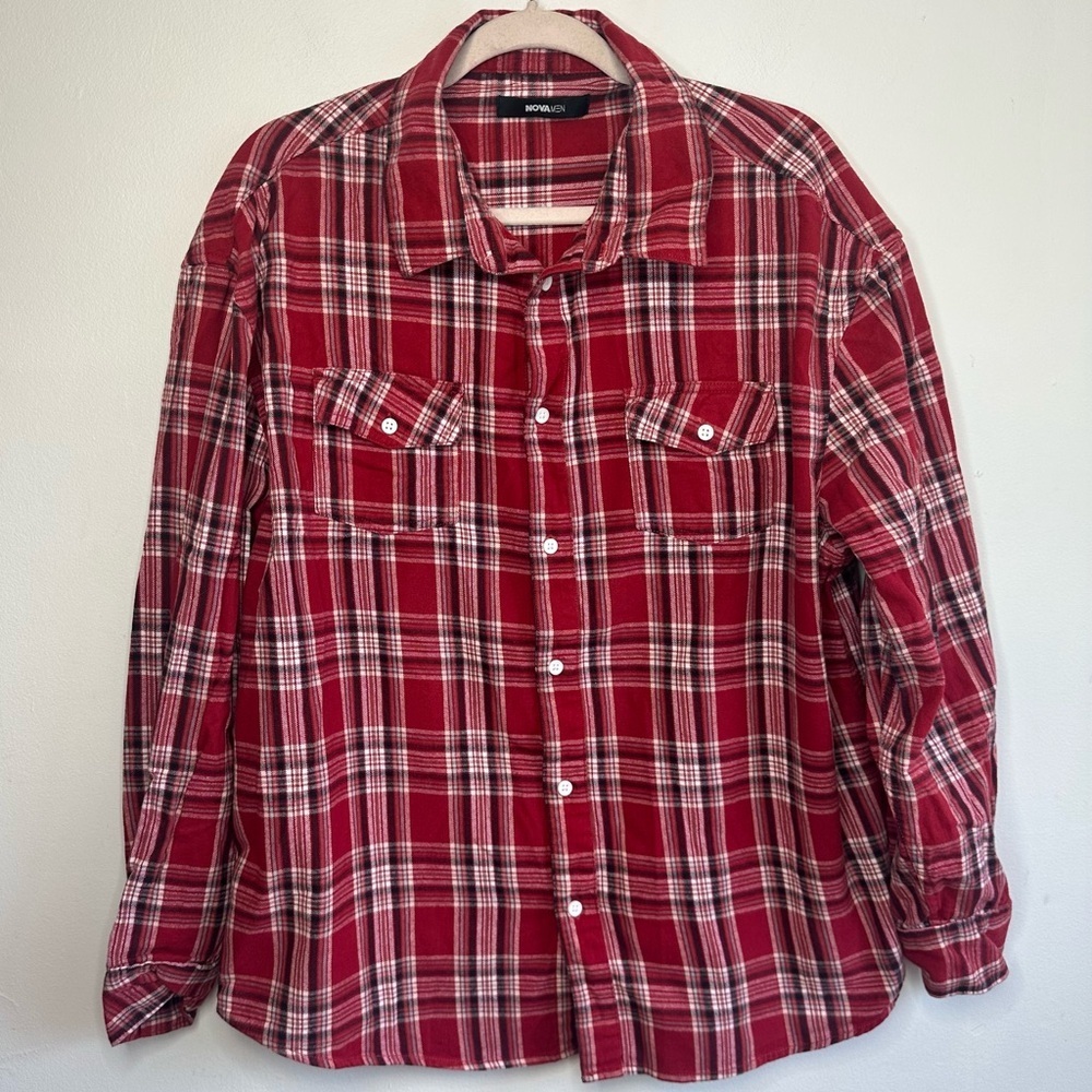 Fashion Nova Men Red White Black Plaid Long Sleeve Button Up Shirt Size L Large